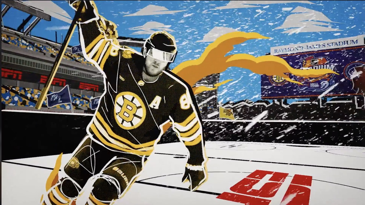 Illustrated Boston Bruins skater at an outdoor stadium game